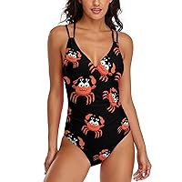 Happy Crabs Cartoon Womens One Piece Swimsuits V Neck Bathing Suits Slimming Swimwear