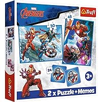Trefl - Marvel The Avengers, Heroes in Action - 3in1: 2X Puzzles + Memory Games, Puzzle with Superheroes, 30 and 48 Pieces, Different Difficulty, 24 Notes, Fun for Kids from 3 Years