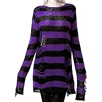 Women's See Through Hole Ripped Striped Long Knit Pullover Dress Sweaters Shirt
