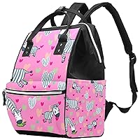 Baby Diaper Bag Maternity Nappy Backpack, Tote Travel Bag for Women Men Cartoon Zebras and Hearts on Pink Background