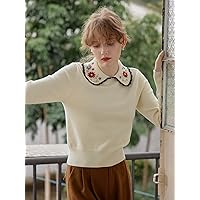 Women's Sweater Floral Embroidery Peter Pan Collar Sweater Sweater for Women (Color : Apricot, Size : Large)