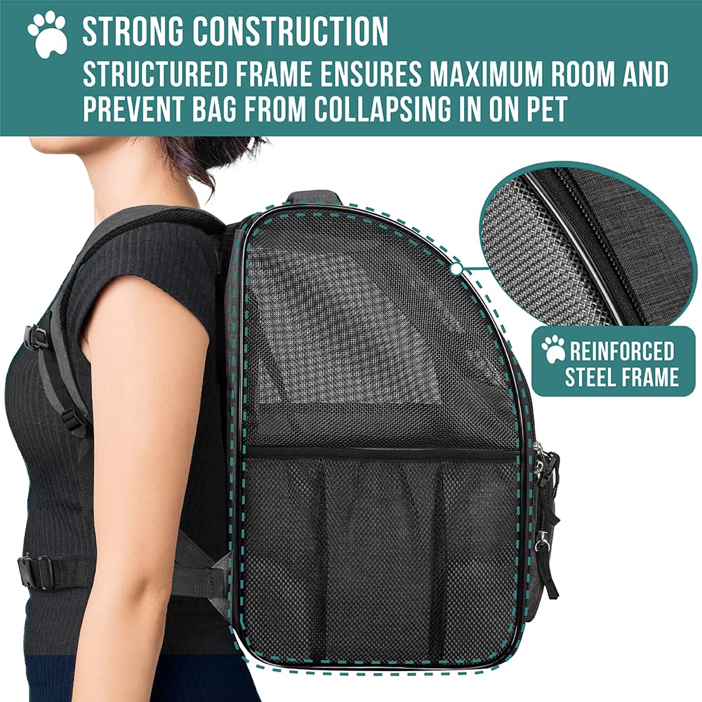 PetAmi Deluxe Pet Carrier Backpack for Small Cats and Dogs, Puppies | Ventilated Design, Two-Sided Entry, Safety Features and Cushion Back Support | for Travel, Hiking, Outdoor Use (Heather Charcoal)