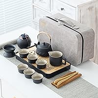 Asian tea set |Kungfu tea sets |Ceramic Portable tea set |tea sets for adult |13-piece withgrey leather case |Tea set gift for Home, Outdoor, Business (Ceramic-Black teaset)