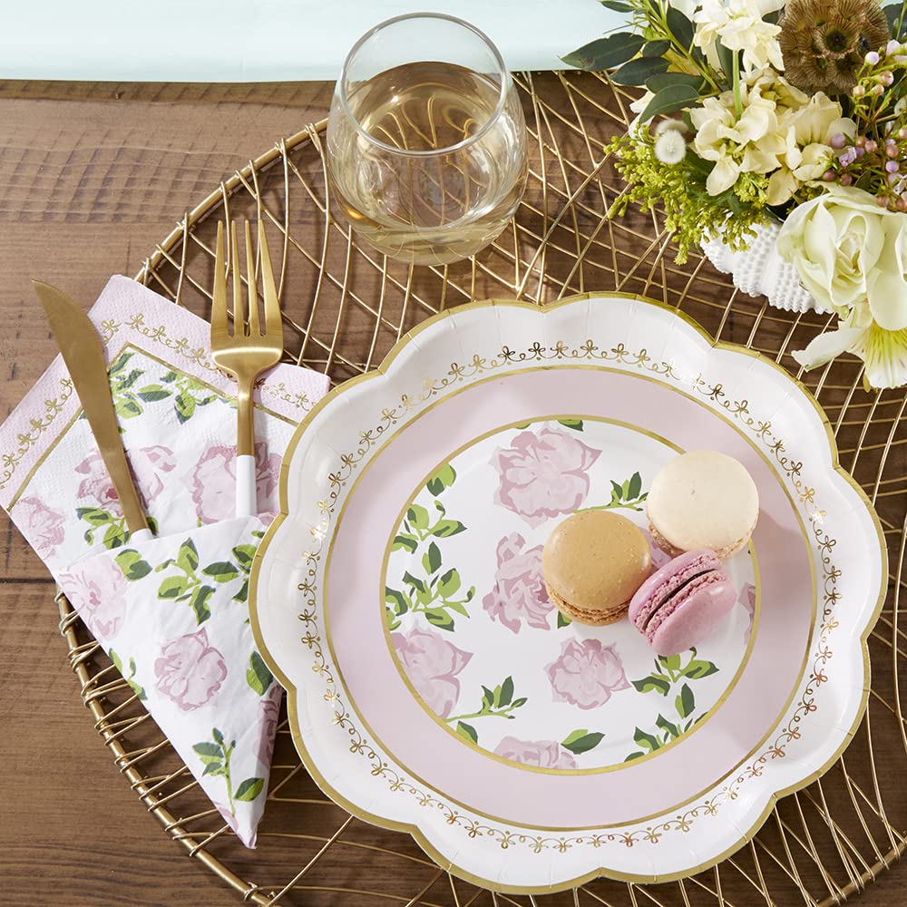 Kate Aspen Vintage Pink Floral Tea Party 62 Piece Party Tableware Set (16 Guests), Paper Plates & Napkins for Weddings, Bridal Showers, Baby Showers, Birthdays