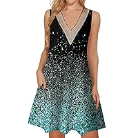 Summer Dresses for Women 2024 Trendy Lace V Neck Sleeveless Dressy Casual Sundress with Pocket Tank Dress Today 2024(1-Cyan,XX-Large)