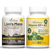Vegan Vitality Brain & Body Balance Bundle: 120 Lions Mane Mushroom Nootropic Brain Support Supplement and 60 Vegan Vitamin D3 + K2 4000IU (100mcg)