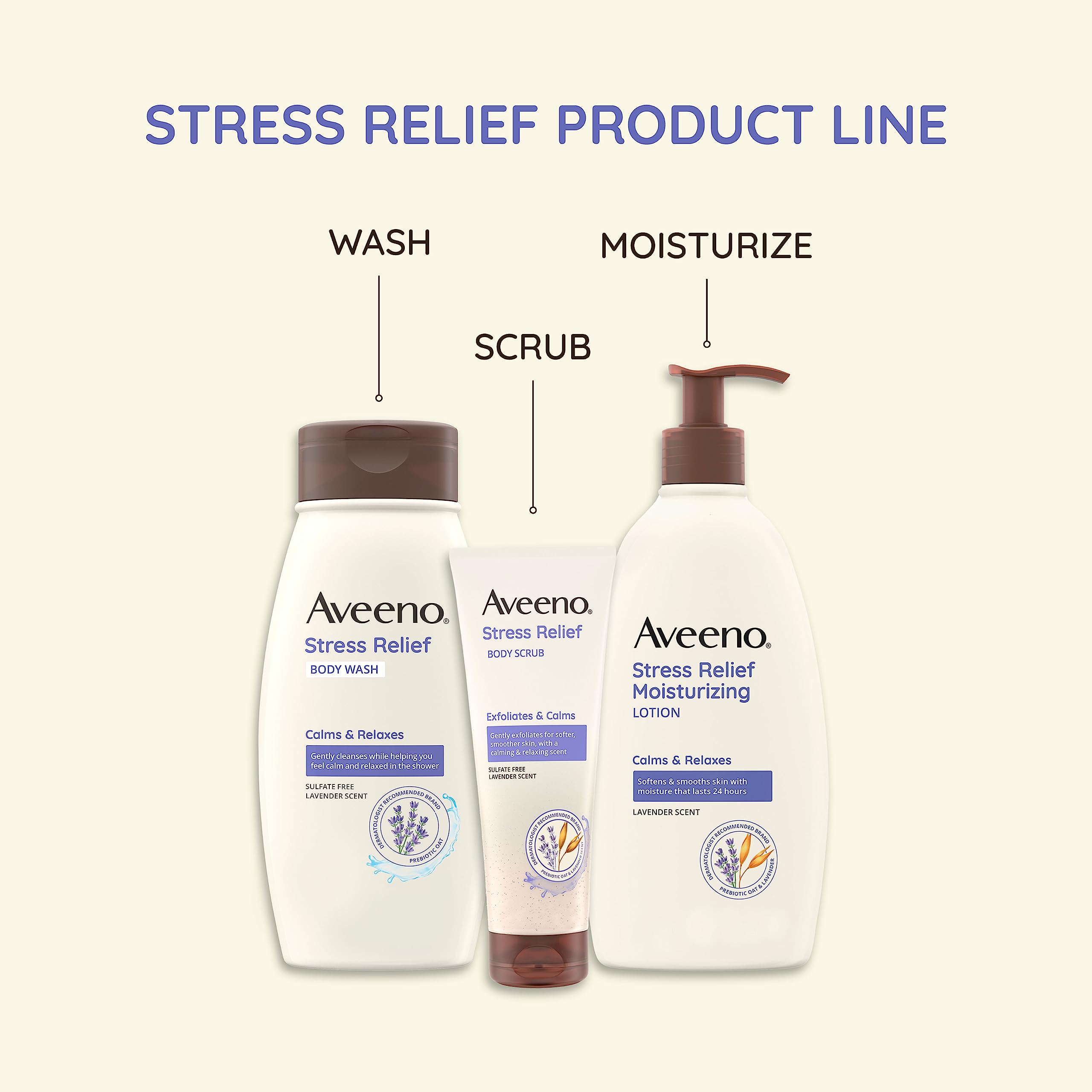 Aveeno Stress Relief Body Scrub, Exfoliating Body Wash for Softer, Smoother Skin, Formulated with Prebiotic Oat & Lavender Scent to Calm & Relax, Sulfate-Free & Soap-Free, 8 fl. Oz