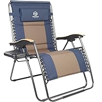 Coastrail Outdoor Zero Gravity Chair Premium Wood Armrest Padded Comfort Folding Patio Lounge Adjustable Recliner with Cup Holder & Side Table, 400lb Capacity, Navy/Brown