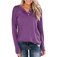 Topstype Women's Long Sleeve Henley Tops Pullover with Buttons Down Casual Loose Fit V-Neck Tunics