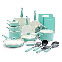 GreenLife Soft Grip Healthy Ceramic Nonstick 23 Piece Kitchen Cookware Pots and Frying Sauce Saute Pans Set with Kitchen Utensils, PFAS-Free, Dishwasher Safe, Turquoise