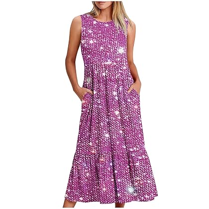 Huilaibazo Women Crewneck Summer Dresses Sleeveless Ruffle Long Dress with Pockets 2023 Casual Swing Sundress Long Dress