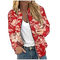 Women Floral Coat Casual Lightweight Bomber Jacket Classic Zip Up Moto Windbreaker Soft Daily Outerwear