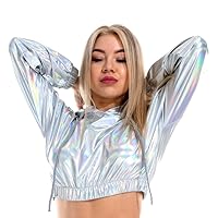IMEKIS Women's Shiny Crop Top Hoodie Metallic Rave Casual Long Sleeve Hooded Pullover Workout Sweatshirt Disco Dance Clubwear