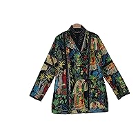 Printed V-Neck Kantha Quilted Jacket for Women, Full Sleeves Quilted Jackets, Reversible Jacket, Machine Wash, Patchwork Overcoat Winterwear Kantha Jackets, Daily & Partywear (M, Black)