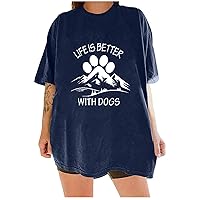 Dog Paw Print T Shirts for Women Fashion Funny Letter Pullover Tops Loose Fit Short Sleeve Casual Dressy Blouses
