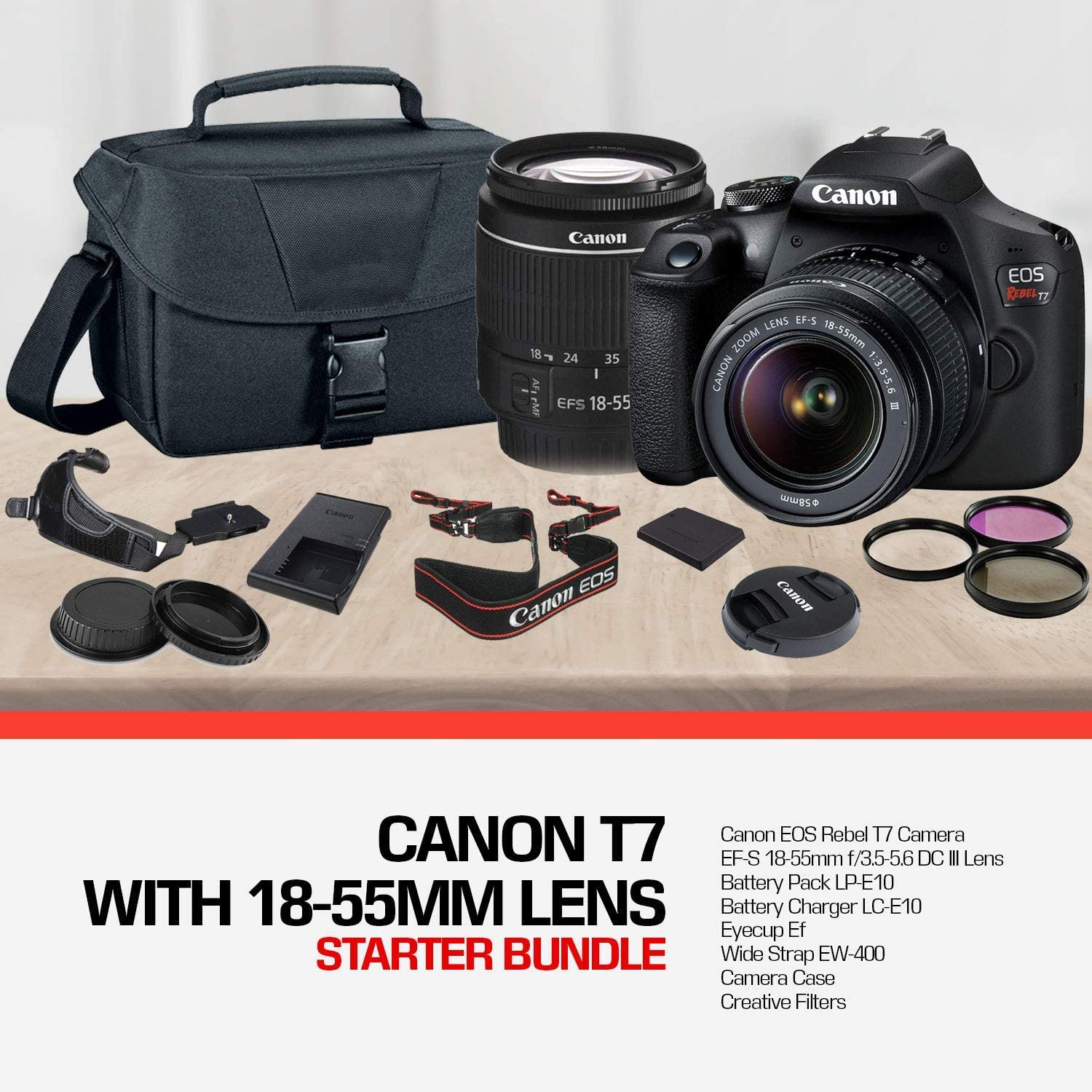 Canon EOS Rebel T7 DSLR Camera with 18-55mm Lens Starter Bundle, Includes: EOS Bag, Sandisk Ultra 64GB Card, Clean and Care Kit + More