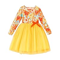 Halloween Little Girl Pumpkin Flower Print Long Sleeve Double Mesh Dress for 3 to 7 Years Kids Clothes