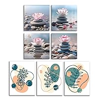 NAN Wind Mordern Zen and Boho Wall Art 7 Pieces of Canvas Prints Featuring Pink Lotus, Stacked Zen Stones, Minimalist Geometric Art and Green Palm Leaves