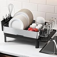 BOOSINY Dish Racks for Kitchen Counter, 304 Stainless Steel Large Dish Rack and Drainboard Set, Full Size Dish Drainer with Swivel Spout Drainage, Utensil Holder and Cup Holder for Big Family
