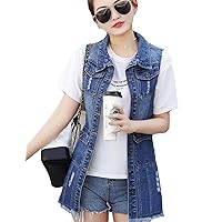 Flygo Womens Casual Button Up Mid Long Ripped Denim Jean Vest Sleeveless Jacket