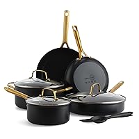 GreenPan Deco Hard Anodized Healthy Ceramic Nonstick 11 Piece Cookware Pots and Pans Set, Frying Pans Saucepan Saute, Tempered Glass Lids, Silicone Utensils, Dishwasher & Oven Safe, PFAS-Free, Black
