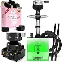 Portable Hookah Set with Everything - YADO Square Hookah To Go & Premium Hookah Coal Burner for Hookah 450W & Hookah Coals Flats Coconut Charcoal for Hookah – 30 Count