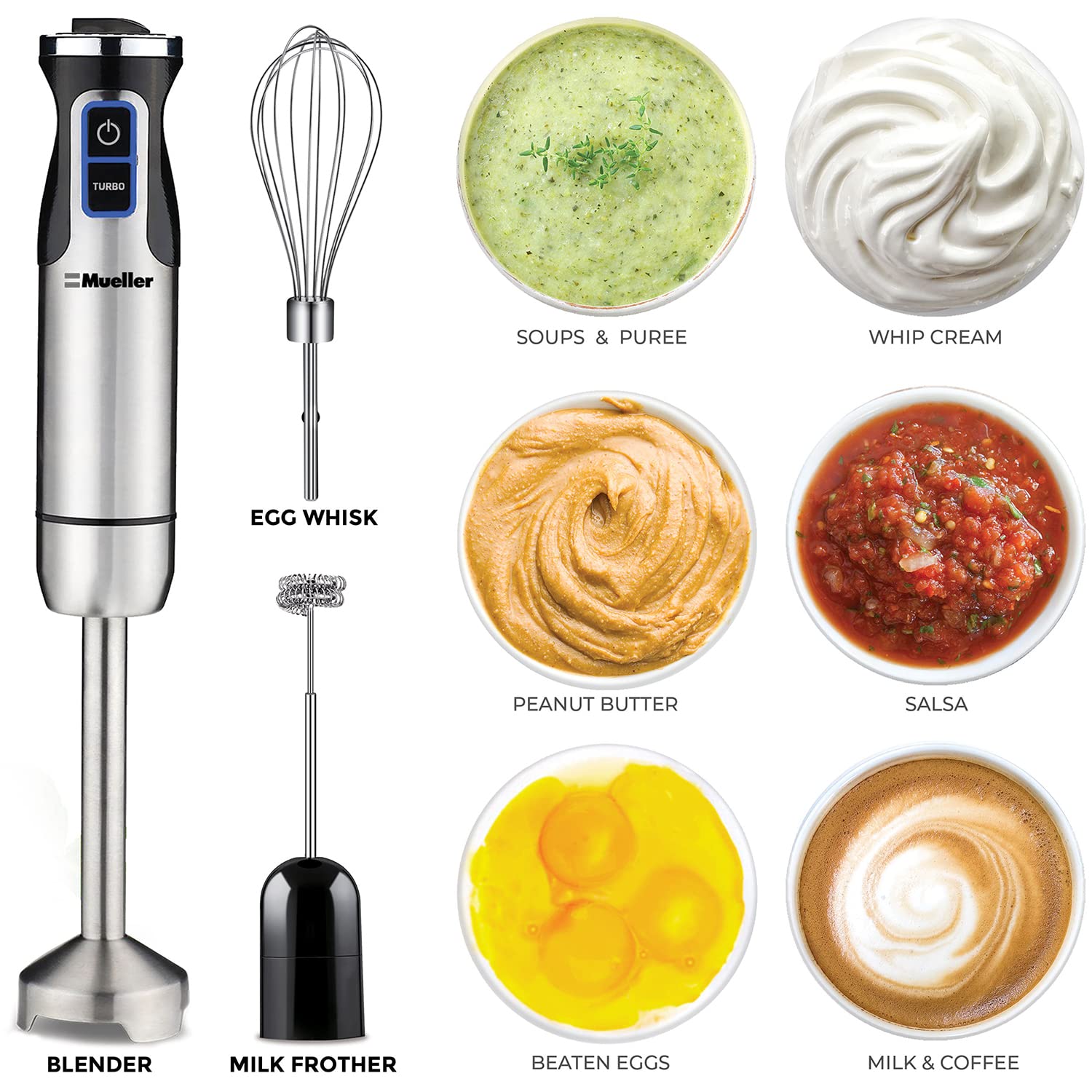 Mueller Austria Ultra-Stick 500 Watt 9-Speed Immersion Multi-Purpose Hand Blender Heavy Duty Copper Motor Brushed Stainless Steel Finish With Whisk, Milk Frother Attachments, Silver