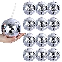 12 PCS Disco Ball Cups, Reusable Tumbler Disco Flash Bachelorette Party Cup Decorations Glitter Cocktail Ball Cups Spherical with Lid and Straw for Nightclub Bar Party Decor Supplies(Silver)