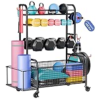 Yes4All Anova Multifunction Gym Storage Rack with 360 Degree Swivel Lockable Casters 400lbs Loading Capacity for Dumbbells Kettlebells, Workout Equipment Organizer, Home Weight Storage Rack with Hooks