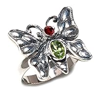 Natural Peridot & Pink Tourmaline Gemstone 925 Sterling Silver Butterfly Designer Finger Ring for Women Unique Style Fashion Party Gift Modern Ring Jewelry by Artisan Size 9
