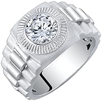 PEORA 2 Carats Men's Moissanite Watch Band Engagement Ring 925 Sterling Silver, Signet Style Round Shape 8mm, D-E Color, VVS Clarity, Rhodium Dual Polished, Comfort Fit, Sizes 8 to 14