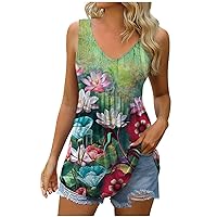 Tanks for Women Trendy，Tank Top Women Floral Pleated Tunic Tops Sexy V Neck Sleeveless Blouse Shirts Slim Fit Tanks