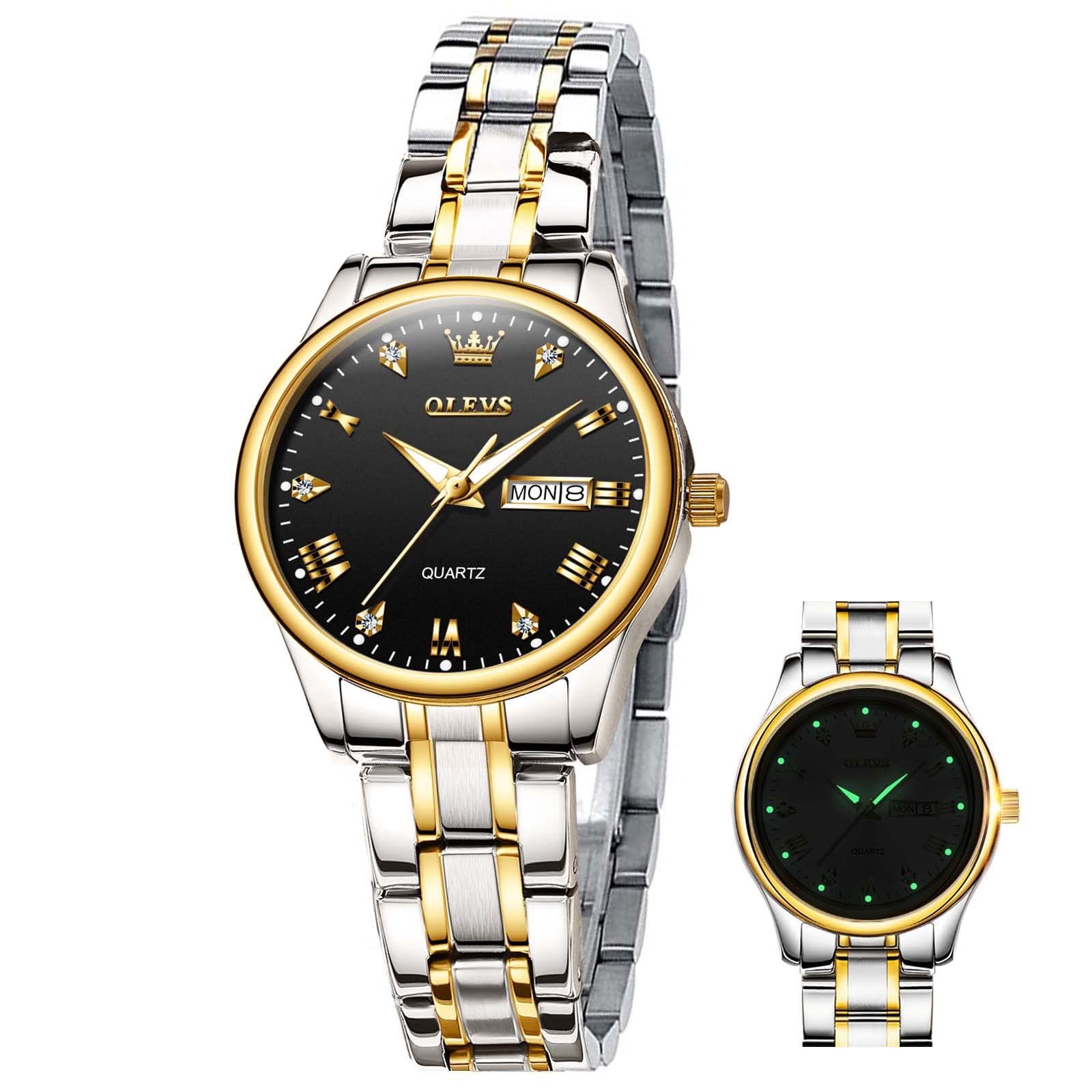 OLEVS Gold Watch for Women with Date Day Stainless Steel Waterproof Small Face Quartz Analog Ladies Watches Fashion Gold Black White Dial Female Wristwatch