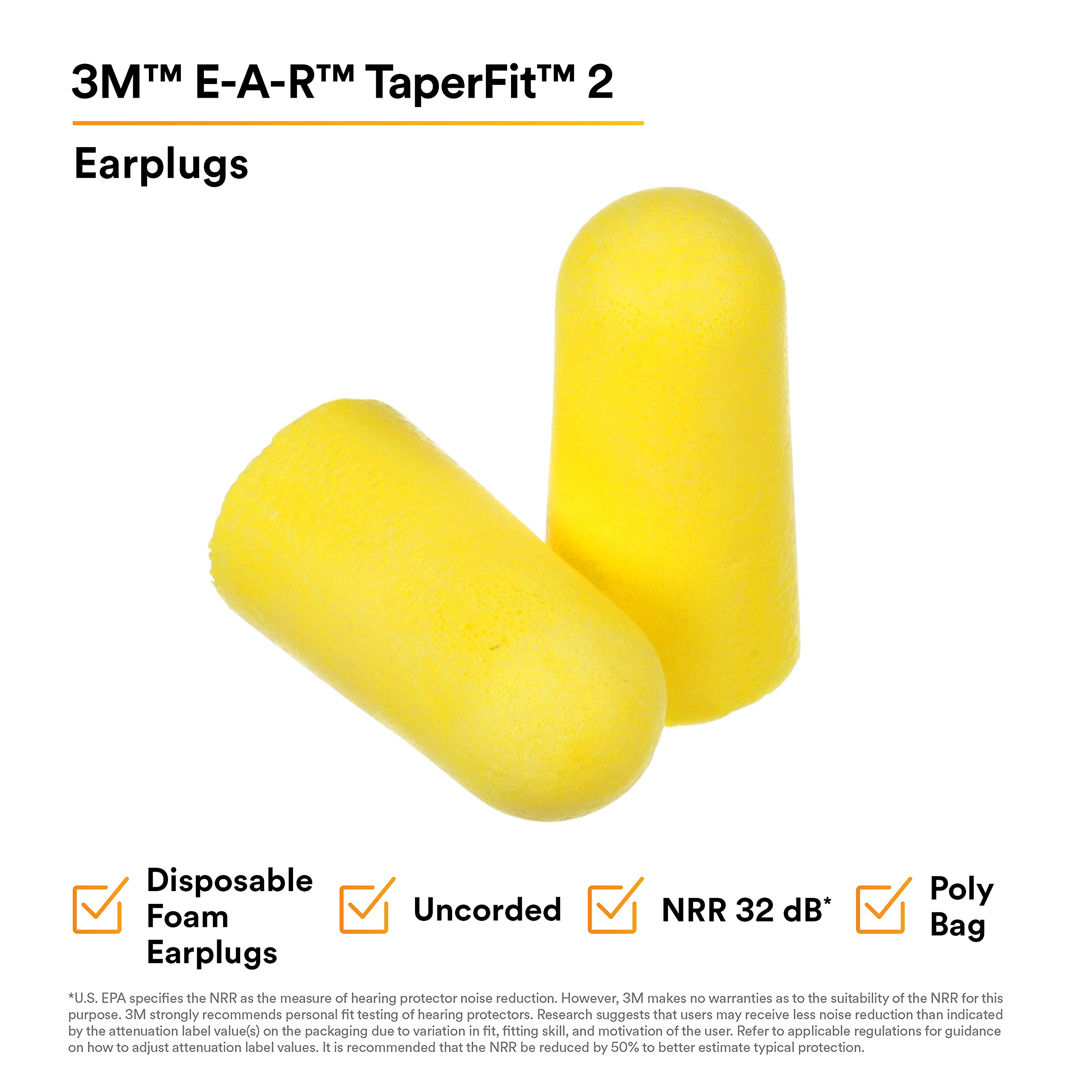 3M Ear Plugs, 200/Box, E-A-R TaperFit2 312-1219, Uncorded, Disposable, Foam, NRR 32, For Drilling, Grinding, Machining, Sawing, Sanding, Welding, 1 Pair/Poly Bag,Yellow