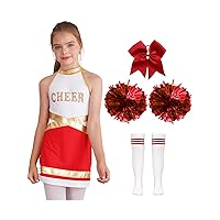 YiZYiF Kids Girls Halloween Cheer Leader Costume Cheering Uniform Gymnastic Dance Dress with Pom Poms Stockings Hair Tie