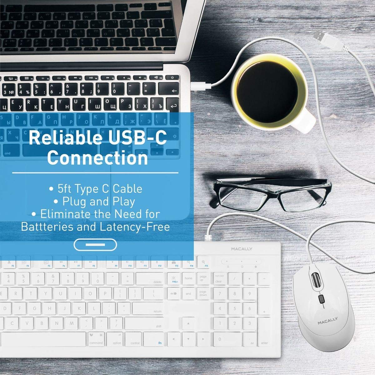 Macally USB C Wired Mouse and a USB C Mini Keyboard, Add Simplistic Apple Aesthetic to Your Office