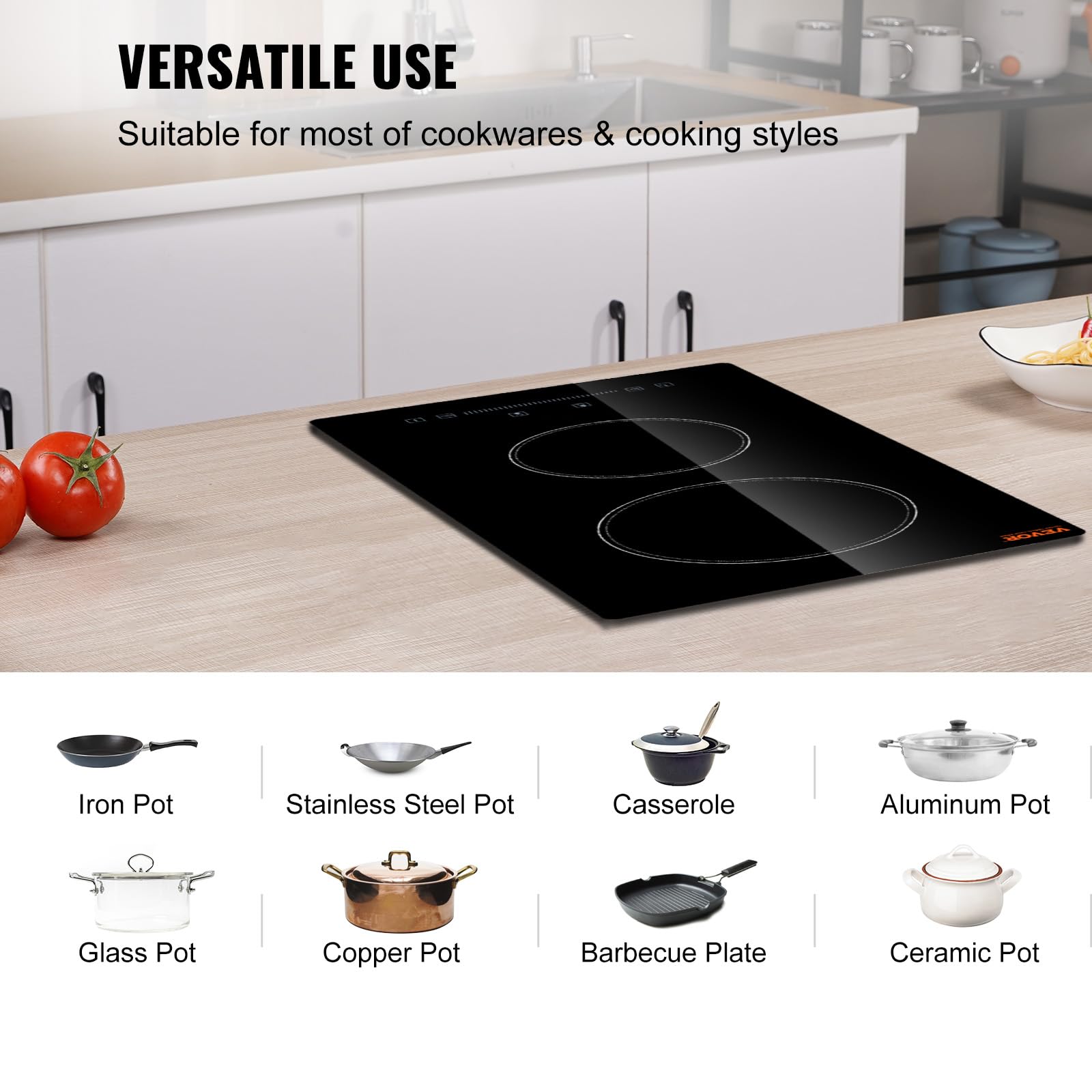 VEVOR Built in Electric Stove Top, 12 inch 2 Burners, Glass Radiant Cooktop with Sensor Touch Control, Timer & Child Lock Included, 9 Power Levels for Simmer Steam Slow Cook Fry,110V with US Plug