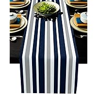 Stripe Table Runner-Navy Blue Gray White Cotton Linen-Long 72 inche Dresser Scarves,Farmhouse Tablerunner for Kitchen Coffee/Dining/Sofa Table Bedroom Home Living Room,Scarf Decor for Holiday Dinner