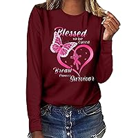 Ceboyel Breast Cancer Survivor Shirts for Women Long Sleeve Tops Tees Butterfly Ribbon Tshirt Funny Clothing Items 2023