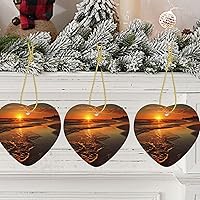 Christmas Heart Shaped Hanging Ornament Orange Sunrise Beach Personalized Xmas Ceramic Pendant Crafts Indoor Hanging Ornament for Farmhouse Christmas Tree Holiday Decoration