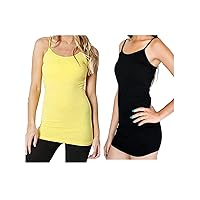 Casual Basic Women's Semi-Crop Camisole Cami Tank Top With Adjustable Straps (Small, 2PACK-Black-Yellow)