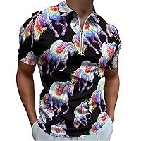 Rainbow Unicon Men's Zippered Polo Shirts Short Sleeve Golf T-Shirt Regular Fit Casual Tees
