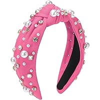 WantGor Pearl Knotted Headband, Women Rhinestone Embellished Hairband Elegant Wide Top Knot Bride Headbands Headpieces Party Fashion Elegant Ladies Hair Band Hair Hoop Accessories (Hot Pink)