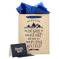 Christian Art Gifts Three Piece Portrait Gift Bag w/Card & Tissue Paper Set for Men, Women, & Graduates: The Desire of Your Heart - Psalm 20:4 Inspirational Bible Verse, Tan/Navy Blue/Maroon, Large