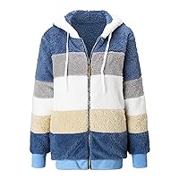 Womens Fuzzy Fleece Jacket Open Front Hooded Color Block Patchwork Cardigan Coats Long Sleeve Outwear With Pockets