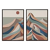 Sylvie Mid Century Modern Mountains Blue Framed Canvas Wall Art by Rachel Lee of My Dream Wall, 2 Piece 23x33 Walnut Brown, Decorative Colorful Mountain Art Set for Wall