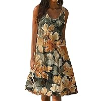 Floral Dress for Women Sleeveless Creneck Midi Dresses Plus Size Knee Length Summer Dresses Casual Beach Dresses