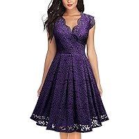 Women's Lace Dress,Waisted V Neck Dresses Knee Length Party Dress,Slim Bridesmaid Cocktail Wedding Dress-Purple Xx-Large