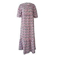 Summer Dresses for Women 2024,Women's Summer Puff Mid-Sleeve Lace-up Geometric Print Ruffles Splicing Large Hem Midi Dress