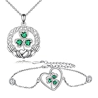 Shamrock Bracelet 925 Sterling Silver Clover Claddagh Pendant Necklace Shamrock ST Patricks Day Jewelry Set Gift for Women